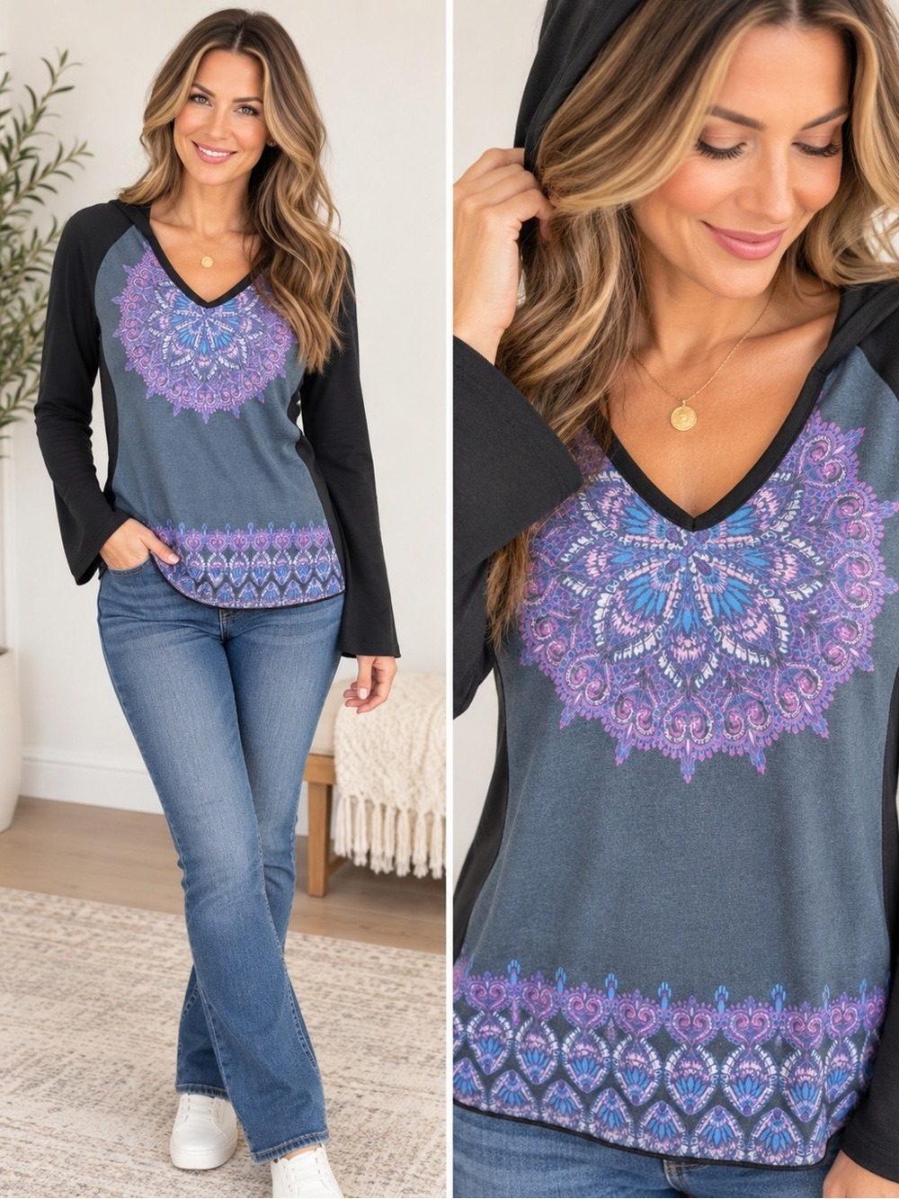 prAna Mandala Hooded Bell Sleeve Top Women’s M Black Blue Purple